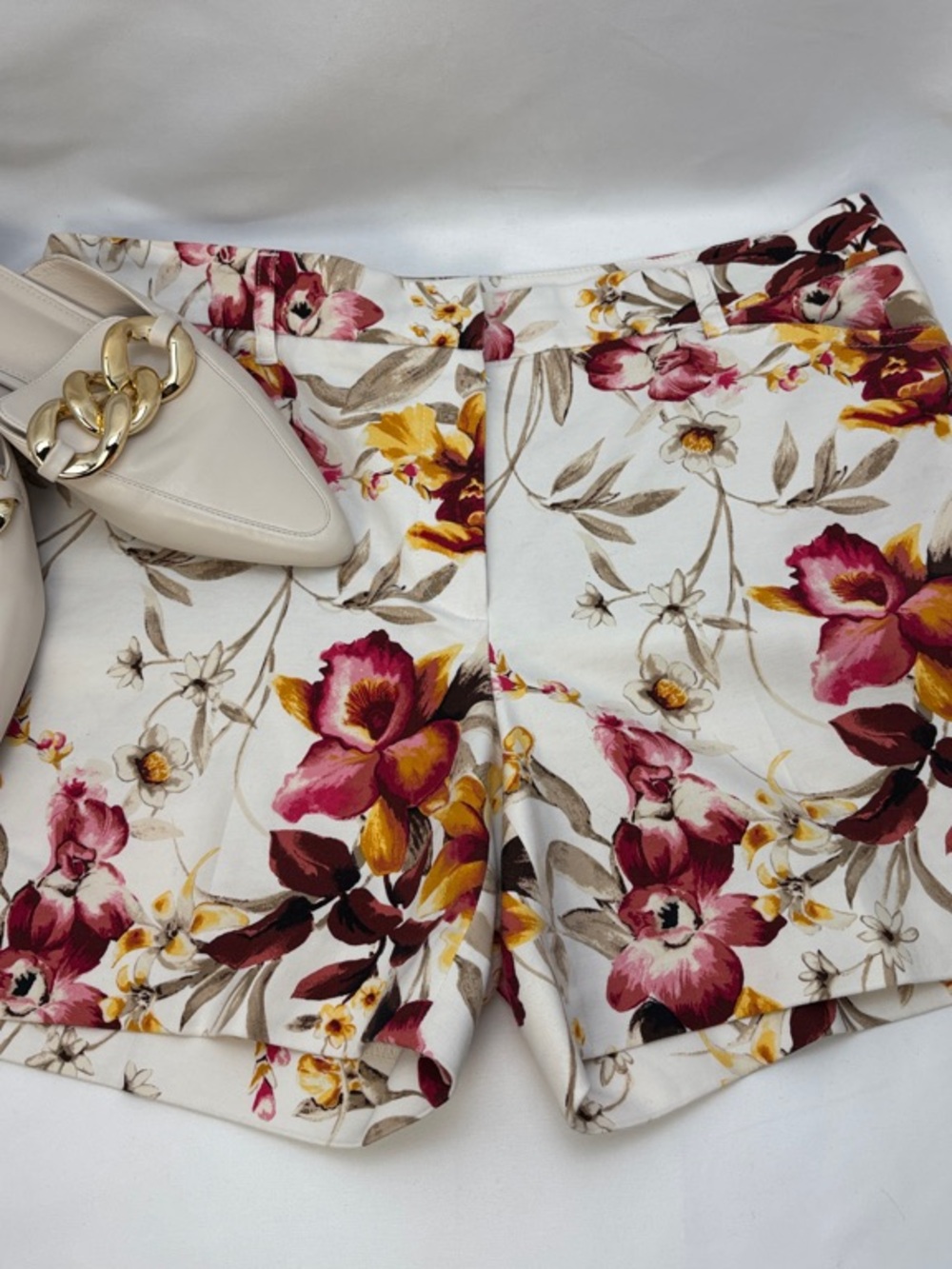 Floral Print Women’s Shorts - Cream with Red & Yellow Flowers